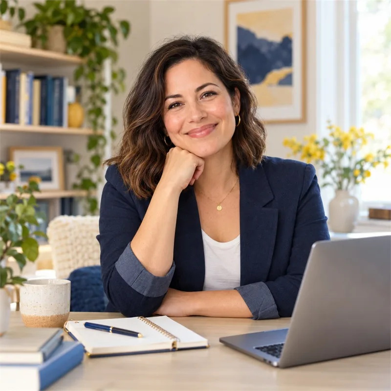 Your admissions coach smiling at a desk with a laptop and notebook