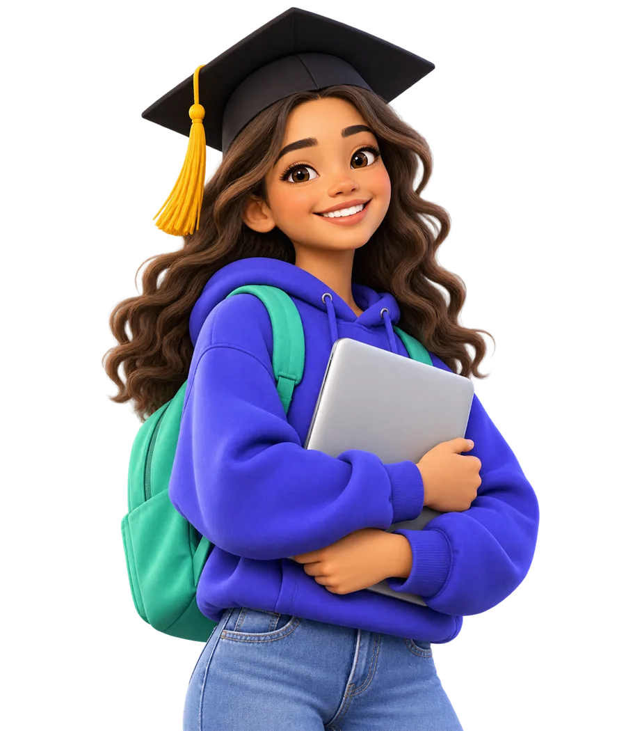Smiling student in a graduation cap holding a laptop